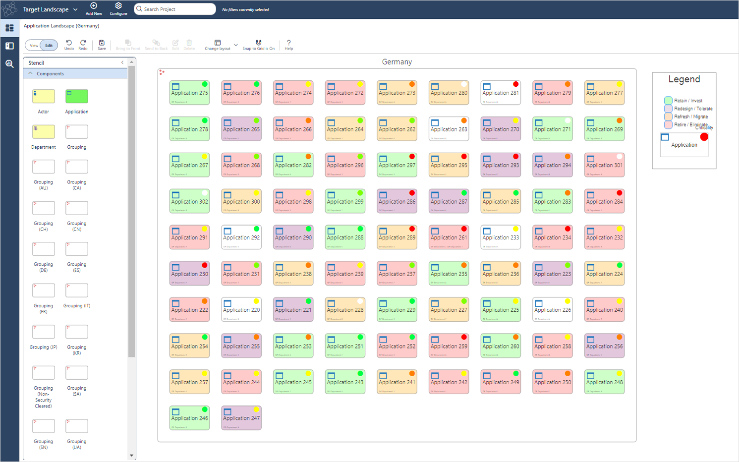 Application Landscape Target State Architecture Roadmap with Colour Legend and Criticality Rating