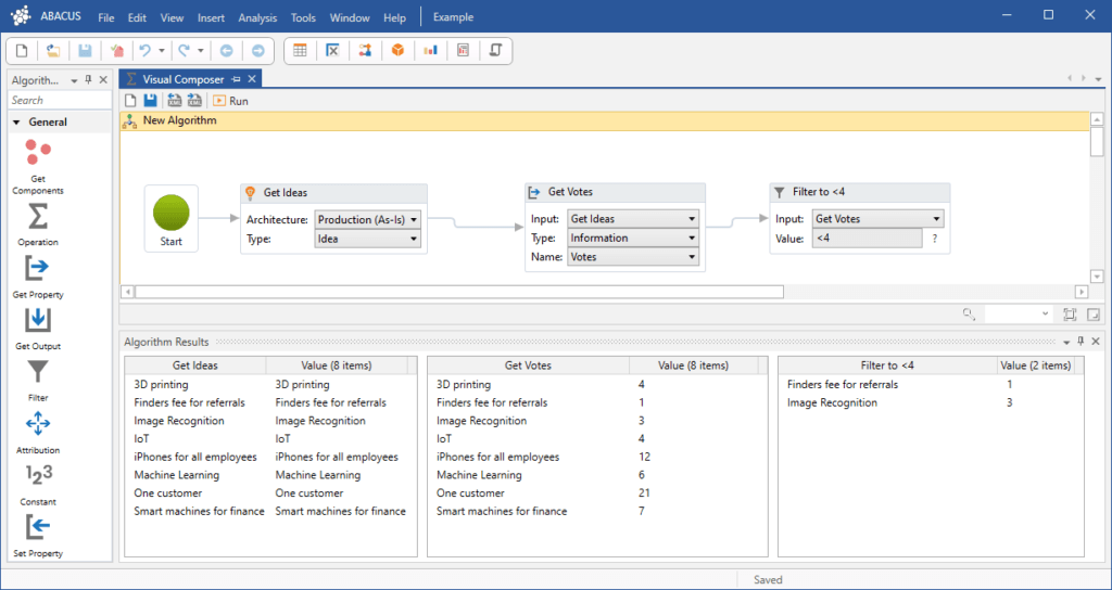ABACUS Studio showing Visual Algorithms Filter to Ideas with Few Votes